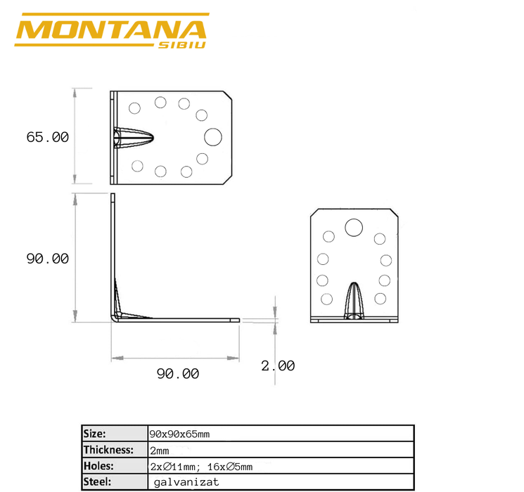 Set 10 colțare perforate pentru lemn Vinclu, 90 grade, tip 4n, zincat, 90 x 90 x 65 mm (grosime 2)