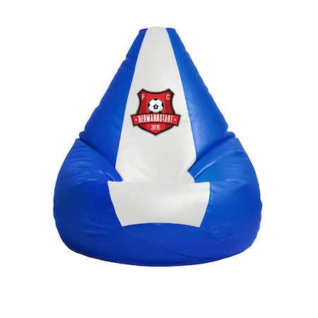 Puff fotel, körte típusú, fehér és kék, Herrmannstadt Club Limited Edition, polisztirol gyöngyökkel töltve, beltéri/kültéri használatra, levehető huzat, Bean Bag Montana