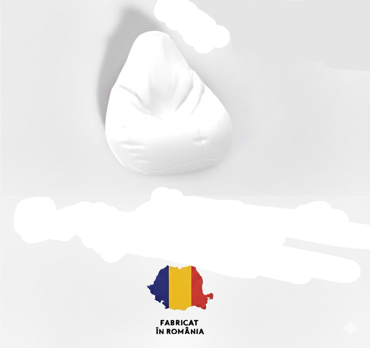 Puff fotel, körte típusú, fehér, polisztirol gyöngyökkel töltve, bel- és kültéren használható, levehető huzat, Babzsák Montana