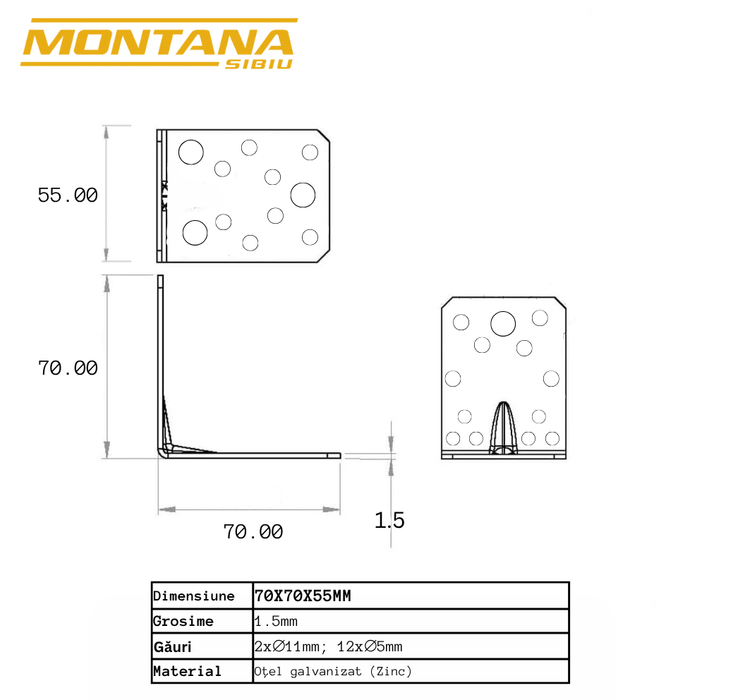 Set 10 colțare perforate pentru lemn Vinclu, 90 grade, tip 4n, zincat, 70 x 70 x 55 mm (𝗚𝗿𝗼𝘀𝗶𝗺𝗲 1.5 𝗺𝗺 )