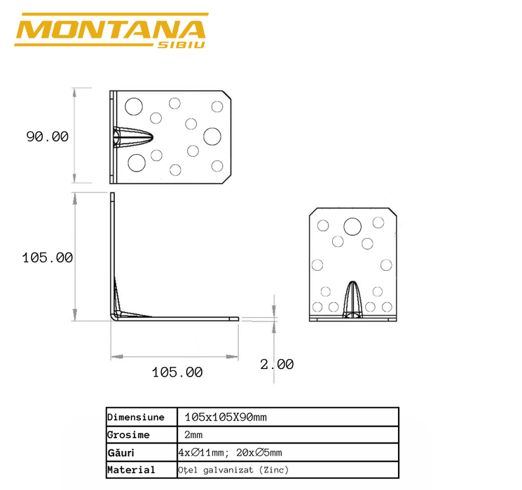 Set 10 colțare perforate pentru lemn Vinclu, 90 grade, tip 4n, zincat, 105 x 105 x 90 mm (𝗚𝗿𝗼𝘀𝗶𝗺𝗲  𝟮𝗺𝗺 )