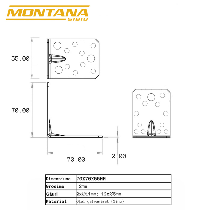 Set 10 colțare perforate pentru lemn Vinclu, 90 grade, tip 4n, zincat, 70 x 70 x 55 mm ( grosime 2 )