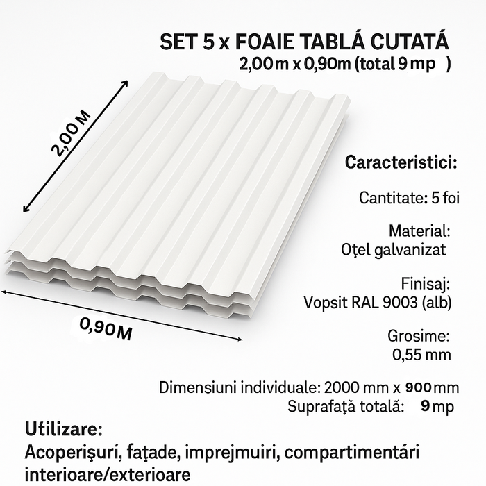 SET 5  Foaie tabla 2m x 0,90 m/9mp RAL - 9003 (grosime - 0.55)