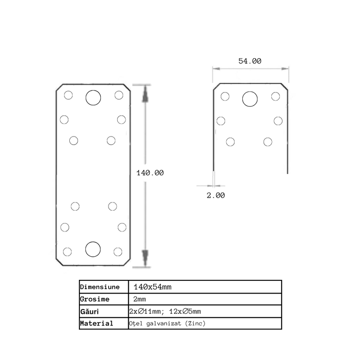 Set 50 Plăci perforate pentru îmbinare lemn, Montana, zincat, 140 x 54 mm (𝗚𝗿𝗼𝘀𝗶𝗺𝗲  𝟮𝗺𝗺 )