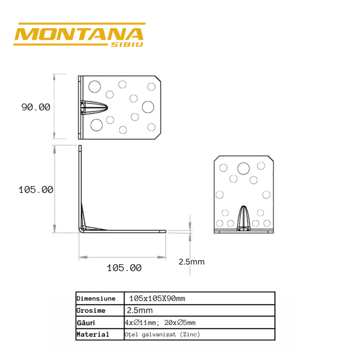 Set 10 colțare perforate pentru lemn Vinclu, 90 grade, tip 4n, zincat, 105 x 105 x 90 mm (grosime 2.5 mm)