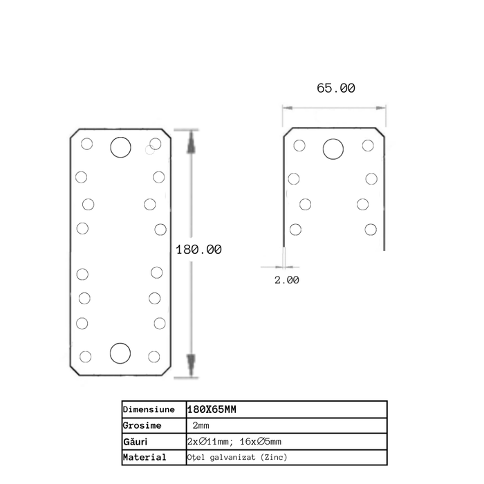 Set 50 Plăci perforate pentru îmbinare lemn, Montana, zincat, 180 x 65 mm (𝗚𝗿𝗼𝘀𝗶𝗺𝗲  𝟮𝗺𝗺 )