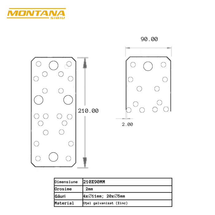 Set 50 Plăci perforat pentru îmbinare lemn, Montana, zincat, 210 x 90 mm (𝗚𝗿𝗼𝘀𝗶𝗺𝗲  𝟮𝗺𝗺 )