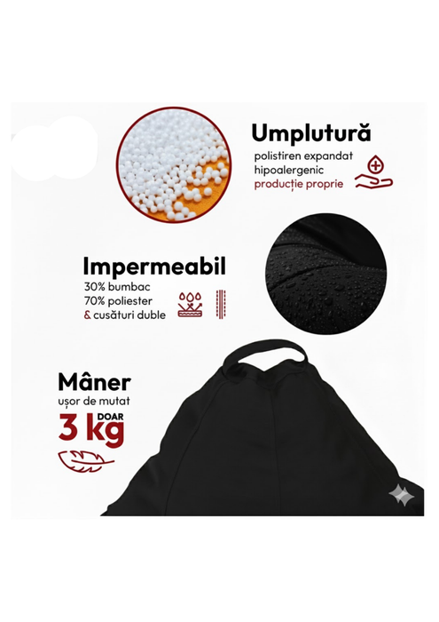 Puff fotel, körte típusú, fekete, polisztirol gyöngyökkel töltve, beltéri/kültéri használatra, levehető huzat, Babzsák Montana