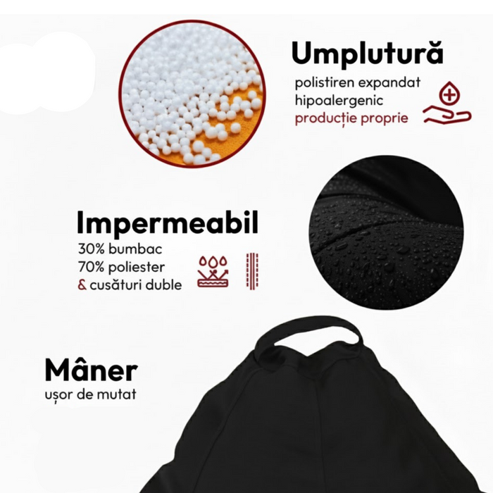 Puff fotel, körte típusú, fekete, polisztirol gyöngyökkel töltve, beltéri/kültéri használatra, levehető huzat, Babzsák Montana