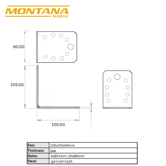 Set 10 simplu colțare perforate pentru lemn Vinclu, Montana, 90 grade, zincat, 105 x 105 x 90 mm (grosime 2)