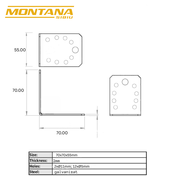 Set 10 simplu colțare perforate pentru lemn Vinclu, Montana, 90 grade, zincat, 70 x 70 x 54 mm (grosime 2)