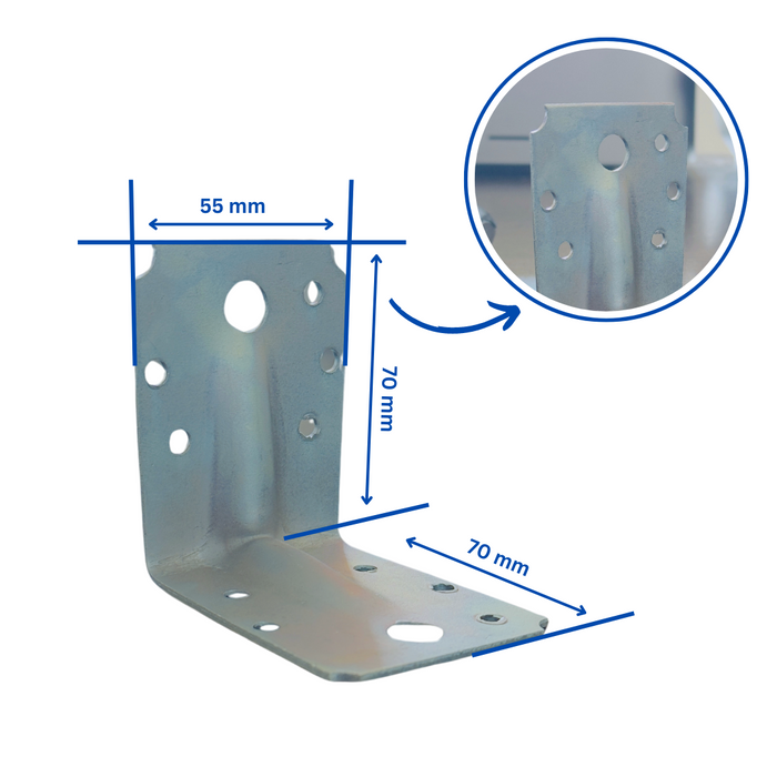 Set 10 coltar perforat pentru lemn Vinclu, 90 grade, tip 4n, zincat, 70 x 70 x 55 mm (𝗚𝗿𝗼𝘀𝗶𝗺𝗲  𝟮𝗺𝗺 )