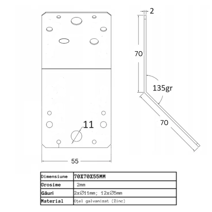 Set 10 colțare perforate pentru lemn Vinclu, Montana, 135 grade, zincat, 70 x 70 x 54 mm (grosime 2)