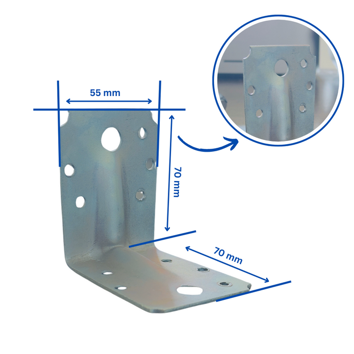 Set 50 coltar perforat pentru lemn Vinclu, 90 grade, tip 4n, zincat, 70 x 70 x 54 mm (𝗚𝗿𝗼𝘀𝗶𝗺𝗲 𝟭.𝟮𝟬𝗺𝗺)