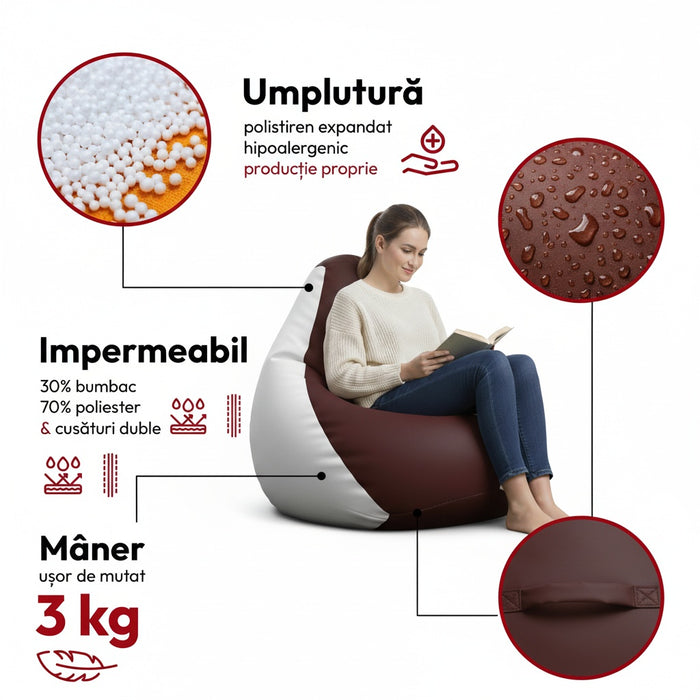 Fotoliu puf, tip pară, maro/alb, umplut cu perle din polistiren, utilizabil în interior/exterior, husă detașabilă, Bean Bag Montana