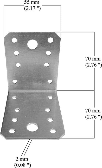 10 db egyszerű perforált sarok készlet fához Vinclu, Montana, 90 fok, horganyzott, 70 x 70 x 54 mm (vastagság 2 mm)