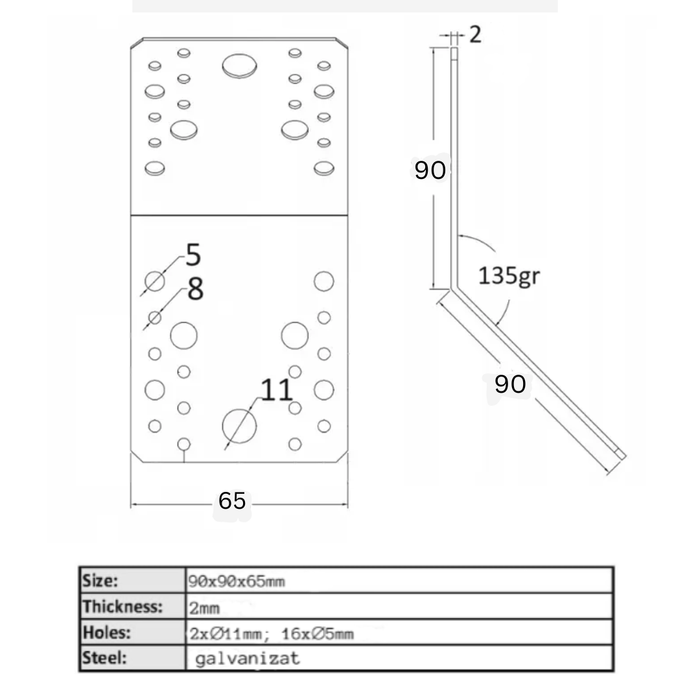 Set 10 colțare perforate pentru lemn Vinclu, Montana, 135 grade, zincat, 90 x 90 x 65 mm (grosime 2)
