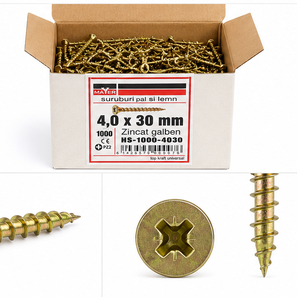 suruburi pal si lemn 4,0 x 30 mm zincat galban ( 1000 buc )