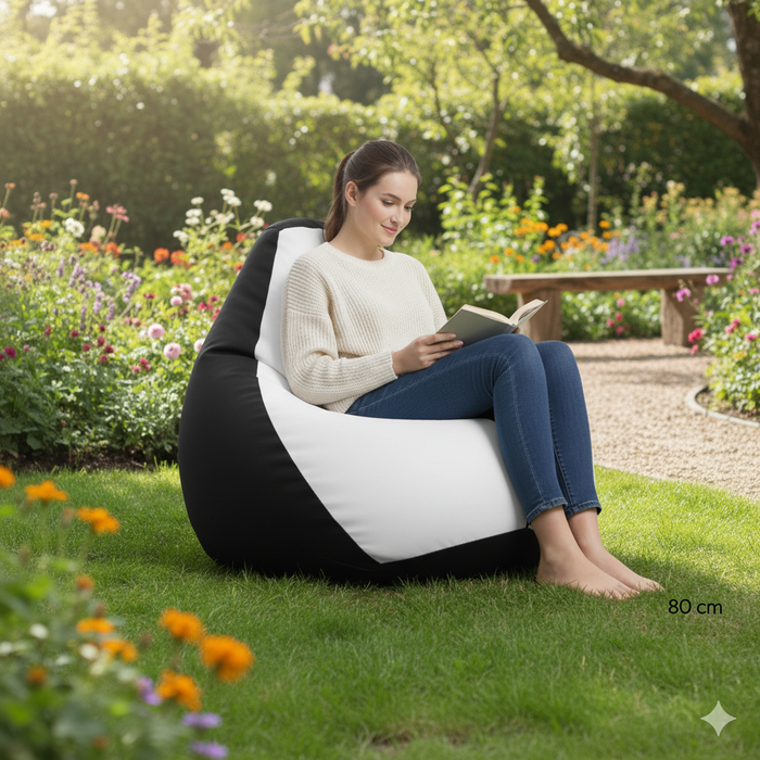 Fotoliu puf, tip pară, alb și negru, umplut cu perle din polistiren, utilizabil în interior/exterior, husă detașabilă, Bean Bag Montana