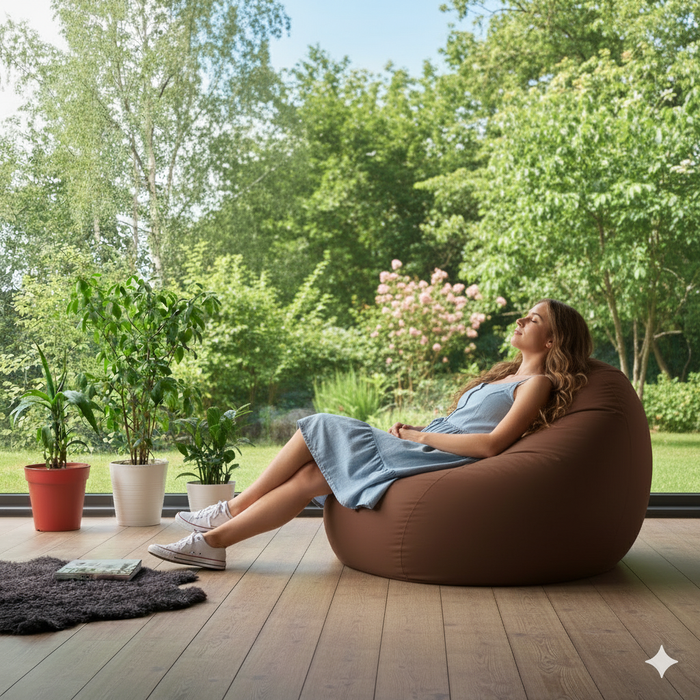 Puff fotel, körte típusú, gesztenyebarna, polisztirol gyöngyökkel töltve, bel- és kültéren használható, levehető huzat, Babzsák Montana