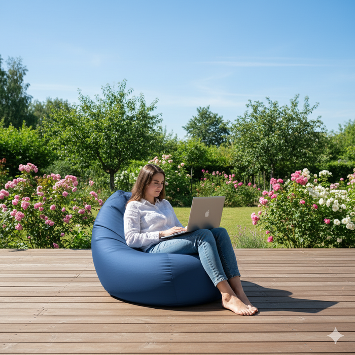 Fotoliu puf, tip pară, albastru, umplut cu perle din polistiren, husă detașabilă, Bean Bag Montana