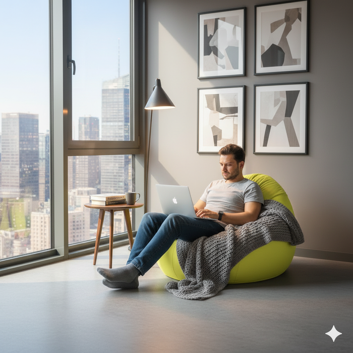 Puff fotel, körte típusú, neonsárga, polisztirol gyöngyökkel töltve, levehető huzat, Babtáska Montana