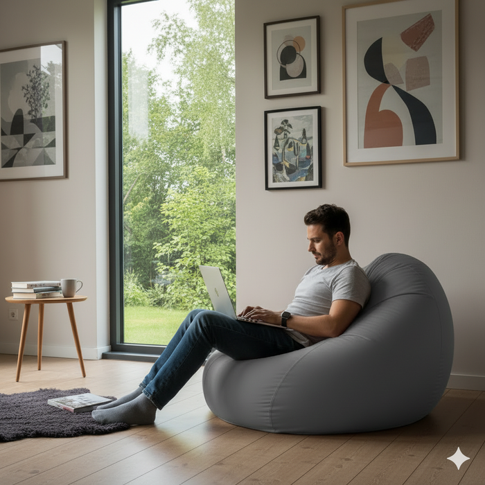 Fotoliu puf, tip pară, gri, umplut cu perle din polistiren, husă detașabilă, Bean Bag Montana