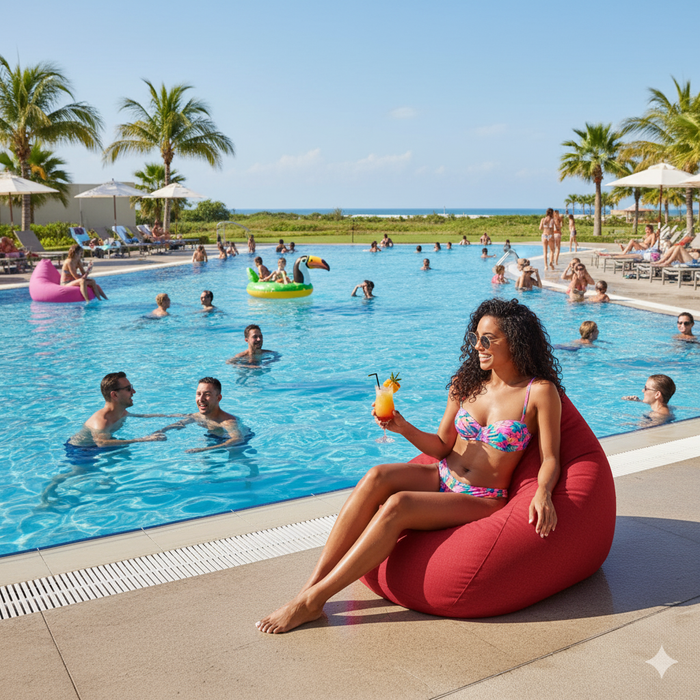 Puf fotel, körte típusú, Piros, polisztirol gyöngyökkel töltve, bel- és kültéren használható, levehető huzat, Babzsák Montana