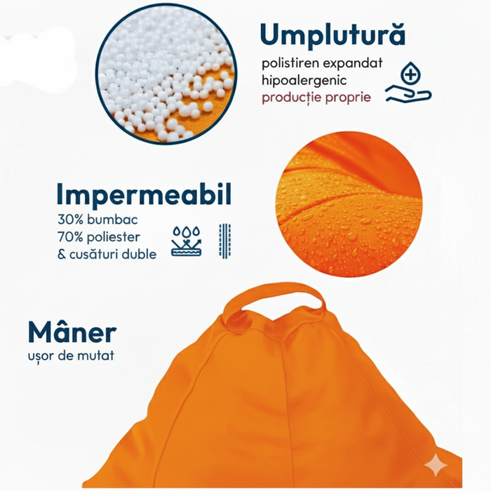 Fotoliu puf, tip pară, Portocaliu Neon, umplut cu perle din polistiren, husă detașabilă, Bean Bag Montana