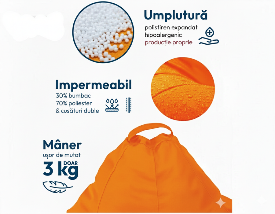 Fotoliu puf, tip pară, Portocaliu Neon, umplut cu perle din polistiren, husă detașabilă, Bean Bag Montana