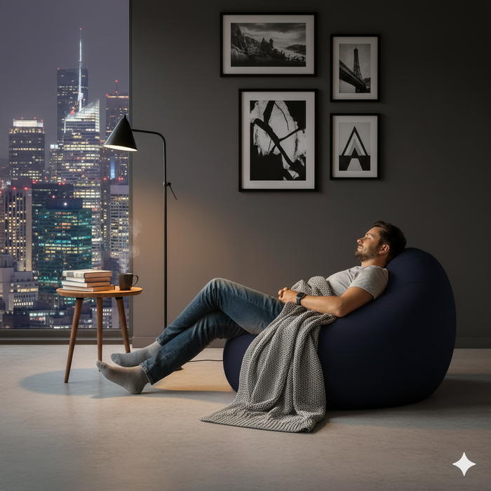 Fotoliu puf, tip pară, albastru închis, umplut cu perle din polistiren, utilizabil în interior/exterior, husă detașabilă, Bean Bag Montana