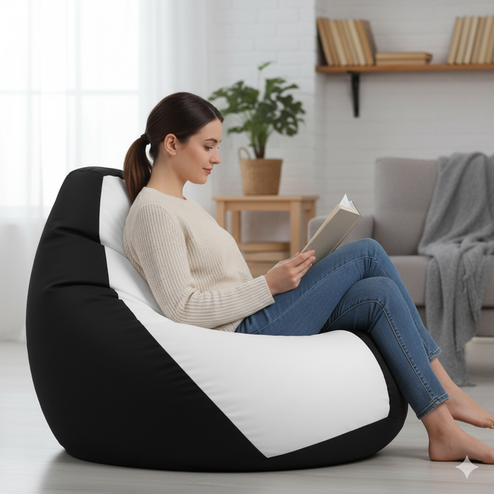 Fotoliu puf, tip pară, alb și negru, umplut cu perle din polistiren, utilizabil în interior/exterior, husă detașabilă, Bean Bag Montana