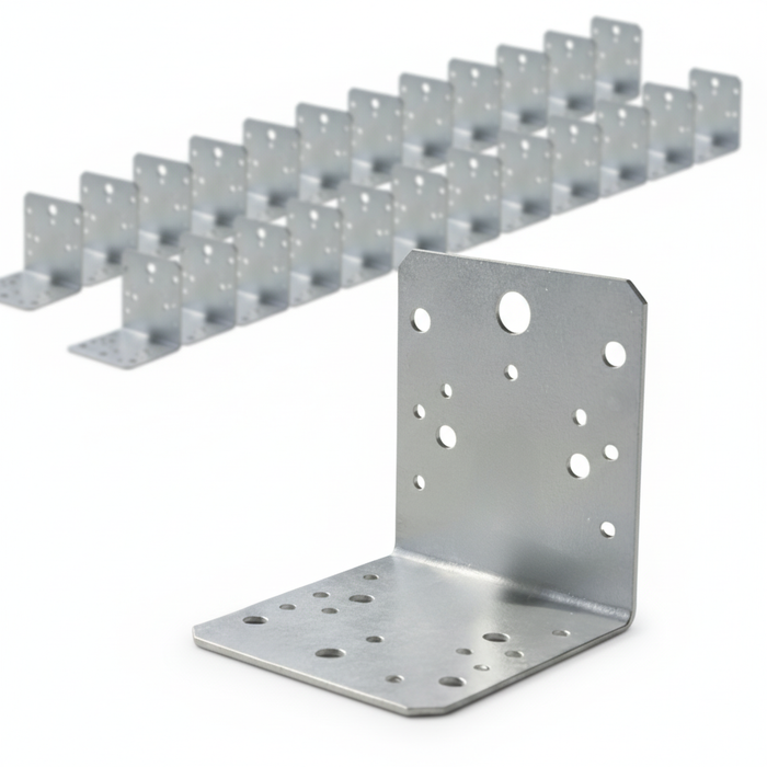 Set 50 simplu colțare perforate pentru lemn Vinclu, Montana, 90 grade, zincat, 105 x 105 x 90mm  (𝗚𝗿𝗼𝘀𝗶𝗺𝗲  𝟮𝗺𝗺 )
