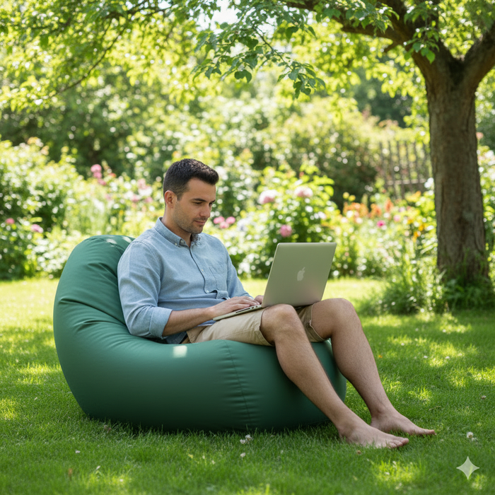 Puf fotel, körte típusú, sötétzöld, polisztirol gyöngyökkel töltve, levehető huzat, Babzsák Montana