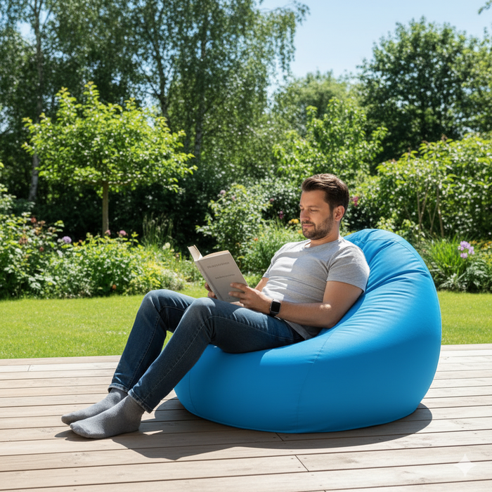 Fotoliu puf, tip pară, albastru, umplut cu perle din polistiren, husă detașabilă, Bean Bag Montana