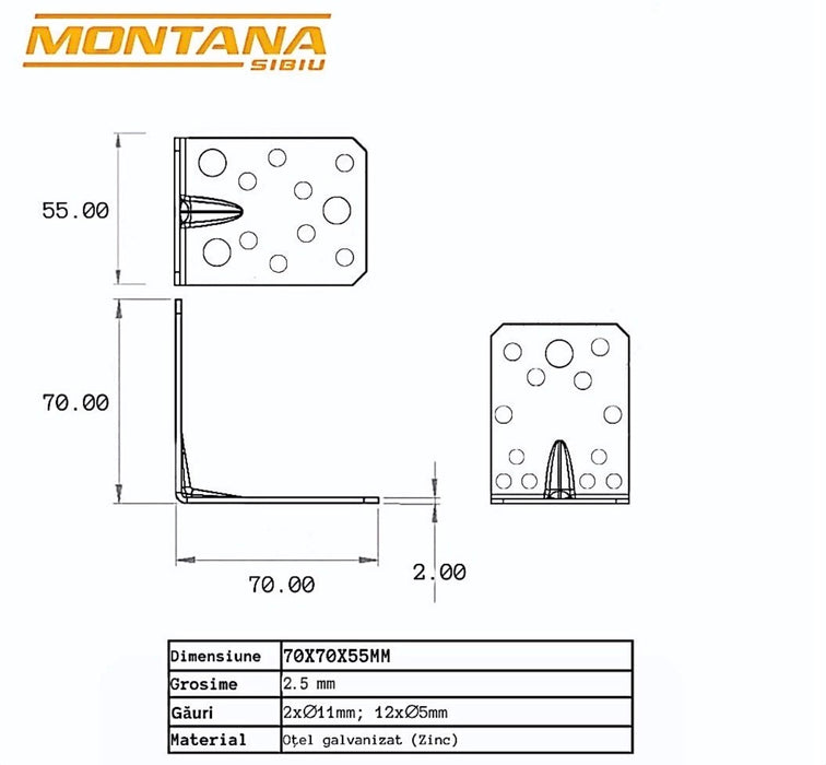Vinclu 90 grade 70x70x55mm (grosime 2.5 mm )