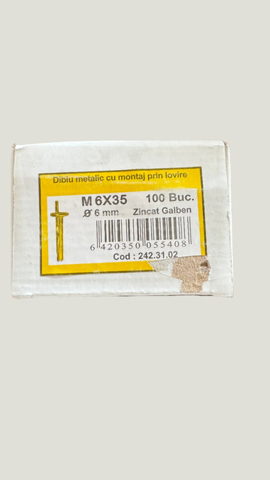 Diblu metalic cu montaj prin lovire M6 X 35  Ø6mm ( Zincat Galben) 100 Buc