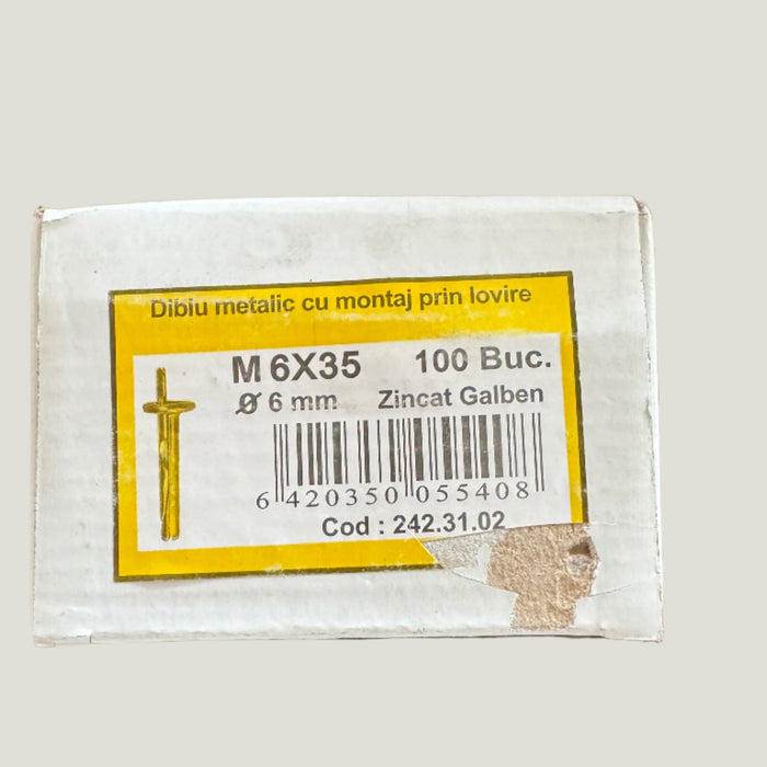 Diblu metalic cu montaj prin lovire M6 X 35  Ø6mm ( Zincat Galben) 100 Buc