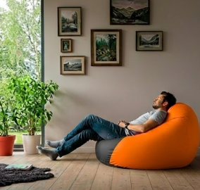 Fotoliu puf, tip pară, portocale și negru, umplut cu perle din polistiren, utilizabil în interior/exterior, husă detașabilă, Bean Bag Montana