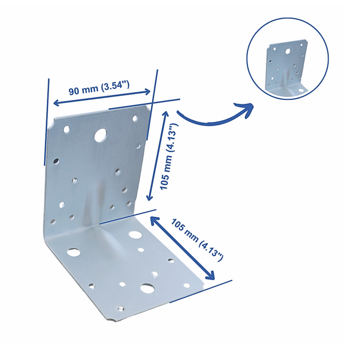 Set 50 buc, vinclu sau coltar perforat pentru lemn 90 grade, tip 4n, zincat, 105 x 105 x 90 mm (𝗚𝗿𝗼𝘀𝗶𝗺𝗲  𝟮𝗺𝗺 )