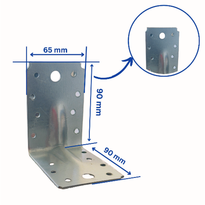 Set 250 coltar perforat pentru lemn Vinclu, 90 grade, tip 4n, zincat, 90 x 90 x 65 mm (𝗚𝗿𝗼𝘀𝗶𝗺𝗲  𝟮𝗺𝗺 )