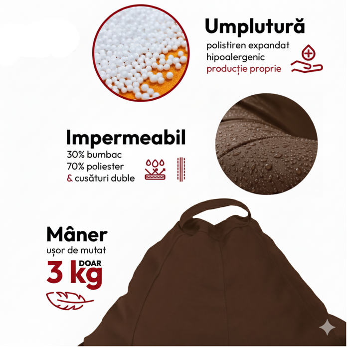 Puff fotel, körte típusú, gesztenyebarna, polisztirol gyöngyökkel töltve, bel- és kültéren használható, levehető huzat, Babzsák Montana
