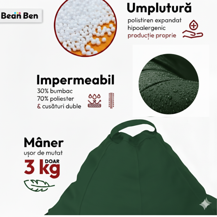 Puf fotel, körte típusú, sötétzöld, polisztirol gyöngyökkel töltve, levehető huzat, Babzsák Montana