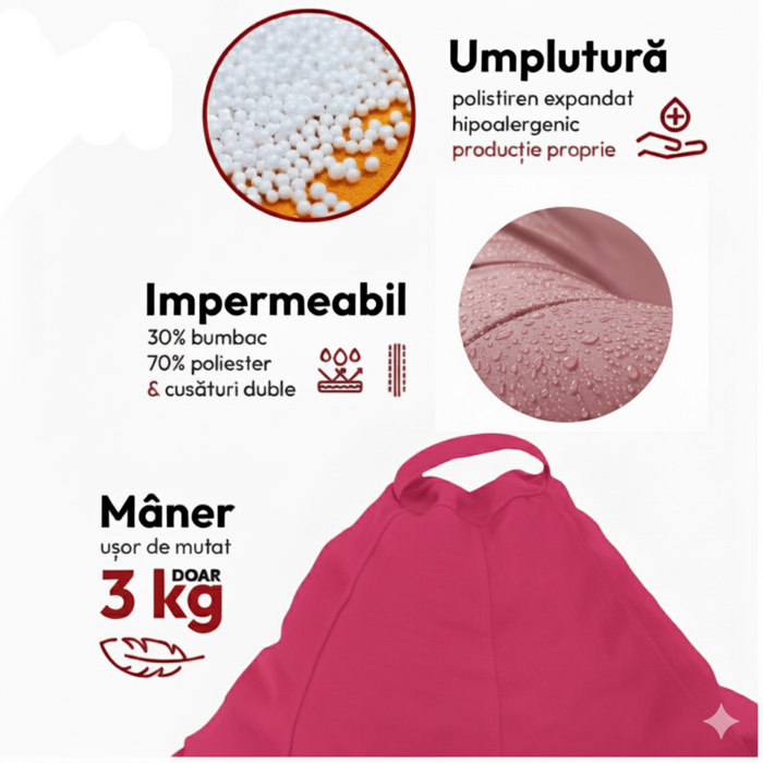Puff fotel, körte típusú, Rózsaszín, polisztirol gyöngyökkel töltve, bel- és kültéren használható, levehető huzat, Babzsák Montana