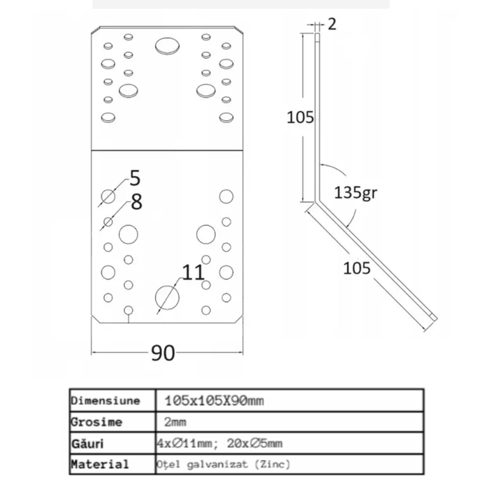 Set colțar perforat pentru lemn Vinclu, Montana, 135 grade, zincat, 105 x 105 x 90 mm (𝗚𝗿𝗼𝘀𝗶𝗺𝗲  𝟮𝗺𝗺 )