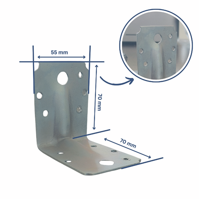 Set 10 coltar perforat pentru lemn Vinclu, 90 grade, tip 4n, zincat, 70 x 70 x 55 mm (𝗚𝗿𝗼𝘀𝗶𝗺𝗲  𝟮𝗺𝗺 )