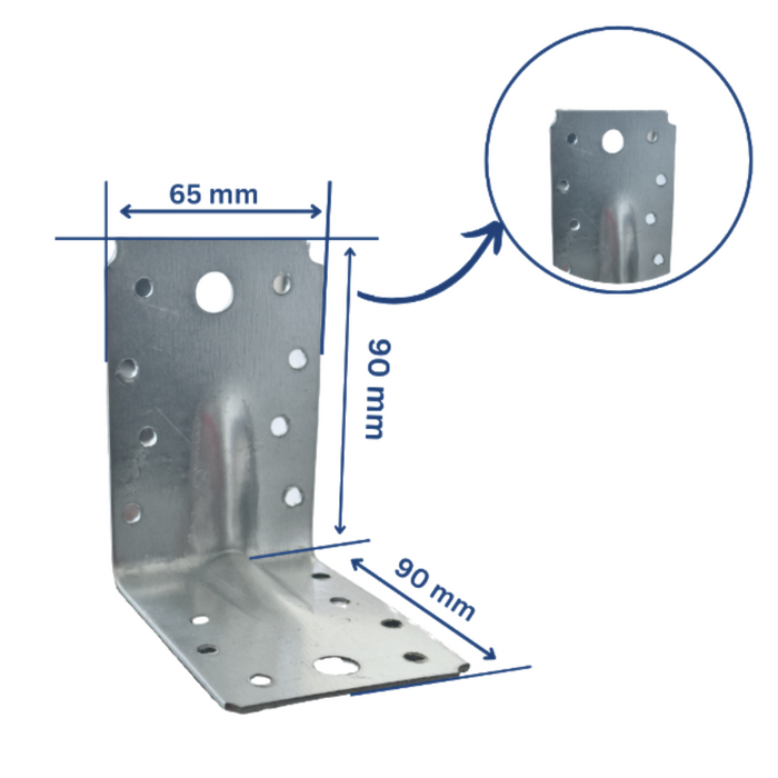 Set 10 coltar perforat pentru lemn Vinclu, 90 grade, tip 4n, zincat, 90 x 90 x 65 mm (𝗚𝗿𝗼𝘀𝗶𝗺𝗲  𝟮𝗺𝗺 )