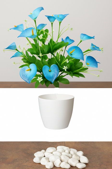 Flori de lotus artificiale , albastre și albe, în formă de inimă - Verdeață realistă din plastic pentru interior/exterior, cu flori, ghiveci și piatră