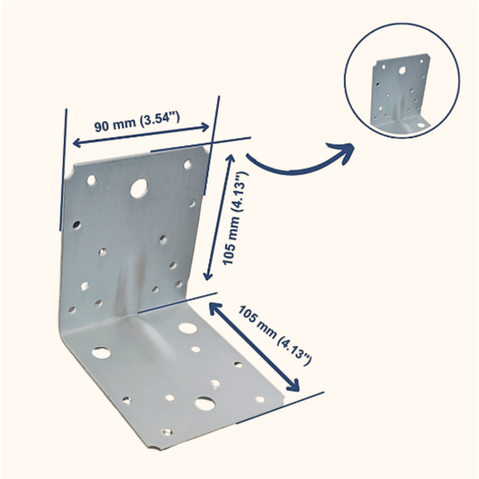 Set 250 buc, vinclu sau coltar perforat pentru lemn 90 grade, tip 4n, zincat, 105 x 105 x 90 mm (𝗚𝗿𝗼𝘀𝗶𝗺𝗲  𝟮𝗺𝗺 )