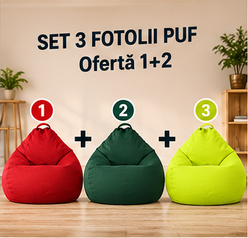Set 3 Fotolii Puf – Ofertă 1+2, Confortabile, Ușoare și Practice pentru Casă
